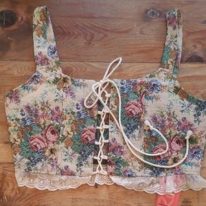 Floral Lace-Up Cropped Bustier Top - Cream Multicolor